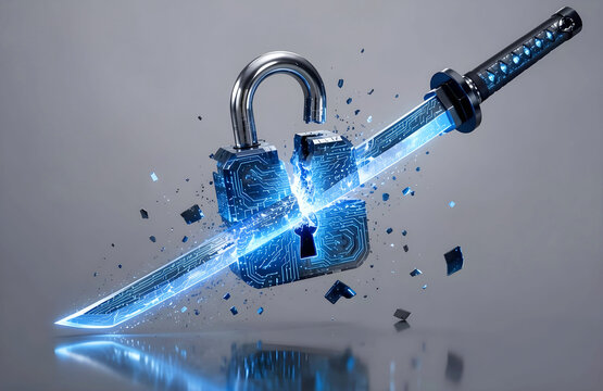 Digital security hack concept (sword and padlock)