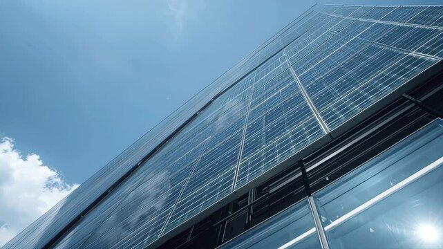 Skyscraper glass facade reflection sky cloud with solar panels sleek modern energy efficient design