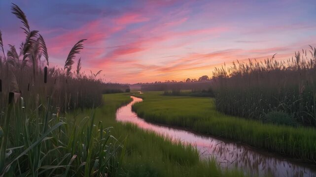 Sunset marsh creek winding through green saltmarsh and tall reeds under pink purple sky wetlands