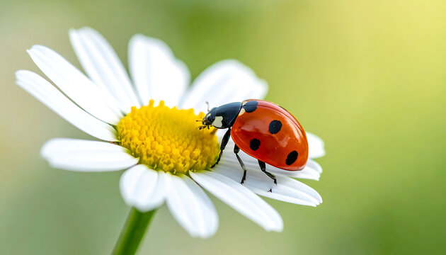 Close up of a red ladybug with black spots crawling on a white daisy flower with a blurred green background in sunlight
