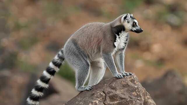 Lemur ring tailed lemur primate wildlife perched on rock with alert expression and striped tail