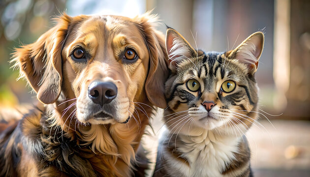 Close-up portrait of a dog and cat side-by-side, showing friendship and companionship, with natural outdoor lighting and soft bokeh background