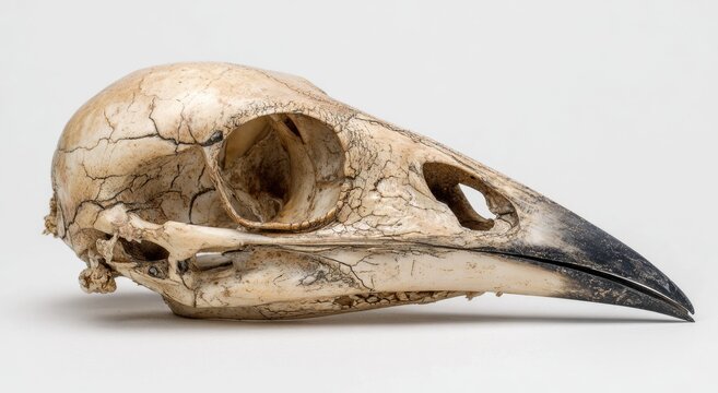 Detailed Side View of a Bird Skull with Intricate Cracks.