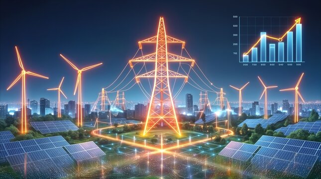 Renewable energy infrastructure with glowing high-voltage pylon, wind turbines, and solar panels. Smart grid integration for sustainable city development with rising data chart.