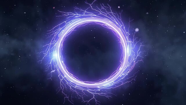 Electric purple energy ring in space with lightning arcs and glowing nebula aura