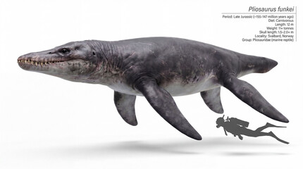 Fototapeta premium Pliosaurus funkei size comparison with human silhouette and informational layout, showing scale difference in a realistic prehistoric reconstruction, isolated on white background.