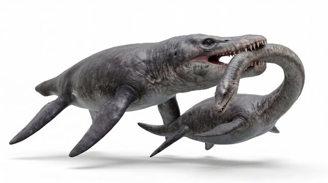 Pliosaurus funkei hunting an Elasmosaurus in a dramatic prehistoric marine confrontation, highly realistic reconstruction, isolated on white background, detailed anatomy and motion.