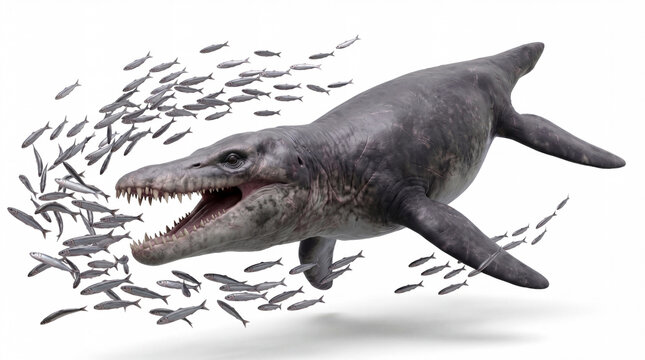 Pliosaurus funkei hunting a school of fish in a dynamic underwater prehistoric marine scene, highly realistic reconstruction, isolated on white background, detailed anatomy and motion.