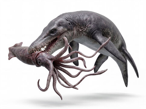 Pliosaurus funkei hunting a giant calamari in a second dynamic underwater attack scene, highly realistic prehistoric marine reconstruction, isolated on white background, detailed anatomy and motion.