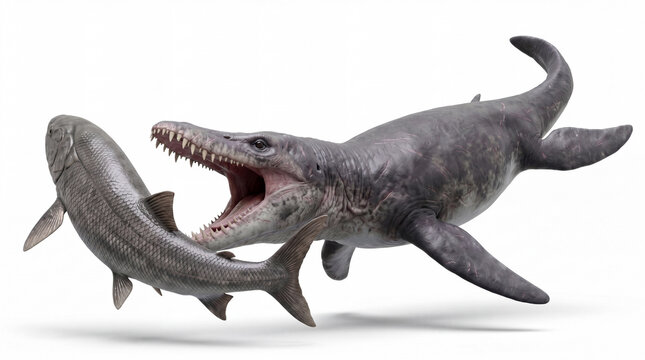 Pliosaurus funkei hunting a giant fish in a dynamic prehistoric marine attack scene, highly realistic reconstruction, isolated on white background, detailed anatomy and motion.