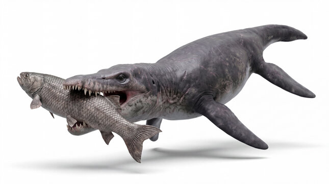 Pliosaurus funkei holding a giant fish in its jaws in a dramatic prehistoric marine hunting scene, highly realistic reconstruction, isolated on white background.