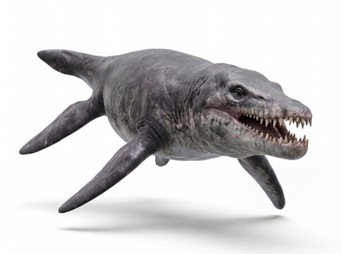 Pliosaurus funkei swimming toward the camera in a dynamic underwater approach, highly realistic prehistoric marine reconstruction, isolated on white background, detailed anatomy and motion.
