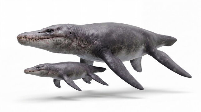 Pliosaurus funkei with a juvenile in a realistic prehistoric marine interaction scene, highly detailed reconstruction, isolated on white background, soft studio lighting.