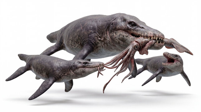 Pliosaurus funkei adult and juveniles feeding on calamari in a realistic prehistoric marine scene, highly detailed reconstruction, isolated on white background, dynamic underwater composition.