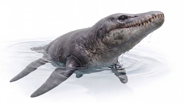 Pliosaurus funkei breaking out of the water surface in a dramatic surfacing attack, highly realistic prehistoric marine reconstruction, isolated on white background, dynamic motion and splash detail.