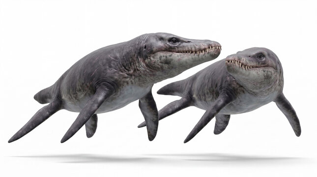 Pair of Pliosaurus funkei interacting in a natural prehistoric marine scene, highly realistic reconstruction, isolated on white background, dynamic anatomical detail.