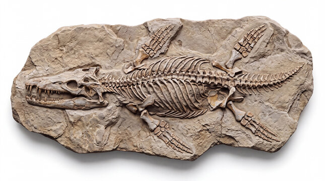 Pliosaurus funkei fossil embedded in rock matrix, highly detailed paleontological reconstruction, museum-style presentation, isolated on white background.