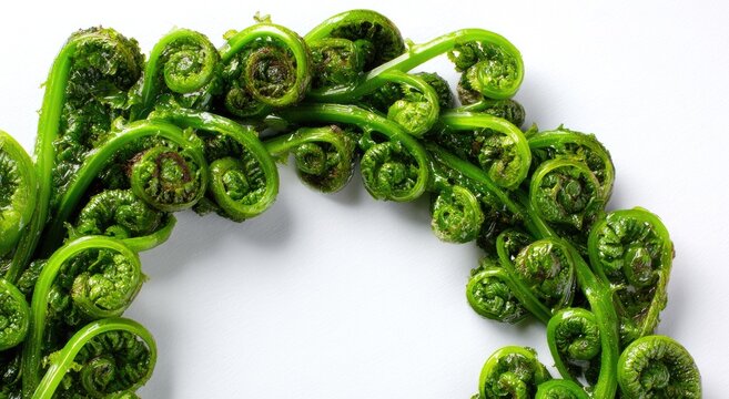 Close-up of Fresh Green Fiddlehead Ferns Arranged in a Curve.