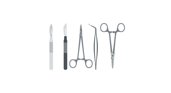 Surgical Instruments Set: Scalpel, Forceps, Scissors on White Background