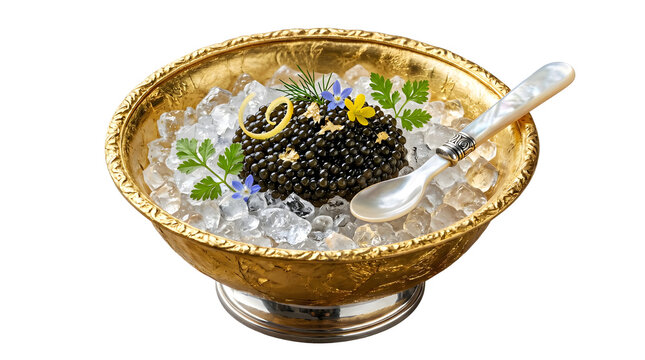 Luxury black sturgeon caviar in golden bowl on ice, gourmet beluga roe appetizer with mother of pearl spoon, premium seafood delicacy
