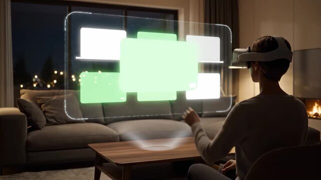 Person wearing VR headset interacts with virtual screens displaying blank space at home. Cozy evening atmosphere with warm lighting and city view. Concept of technology, virtual reality, gaming