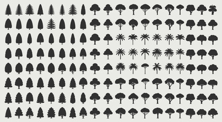 Collection of diverse black tree silhouettes on a light gray background © Siddhartha