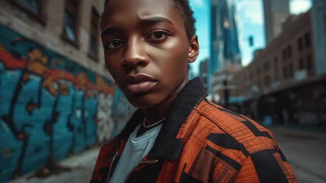Young person portrait in urban streetwear by graffiti wall, cinematic skyline mood