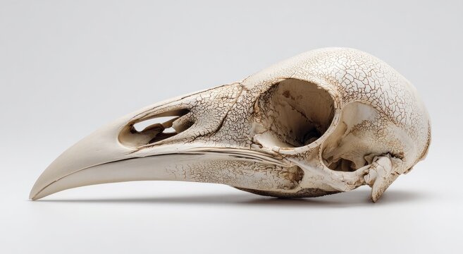 Detailed Side View of a Bird Skull Specimen on a White Background.
