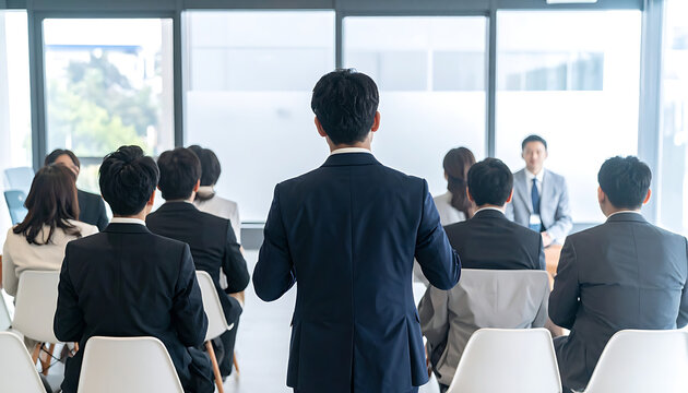 Business presentation, speaker addressing audience in modern conference room, learning and discussion, professional development