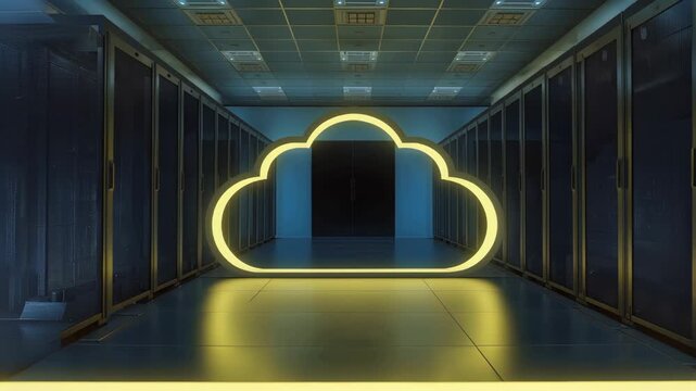 Neon cloud glowing in data center corridor with servers reflecting futuristic cloud concept
