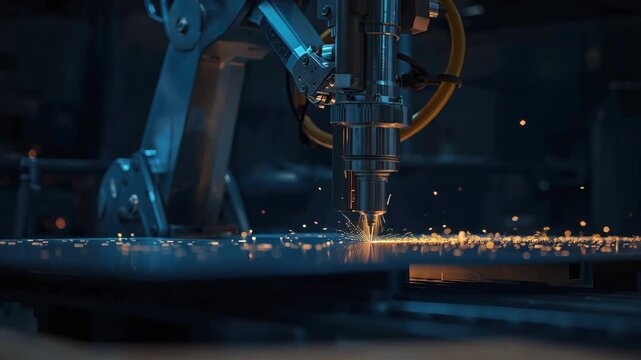 Industrial laser cutting metal sheet with bright sparks robotic arm CNC cutting high precision