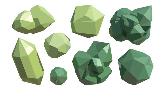 Collection of geometric green crystals and mineral clusters on white background geode gemstone rock