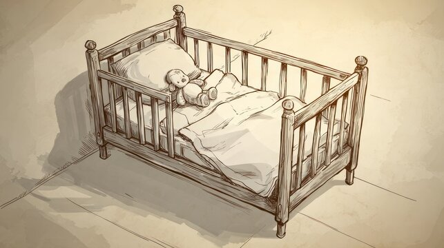 A pencil sketch depicting an empty wooden crib with a teddy bear and bedding, cast in soft light