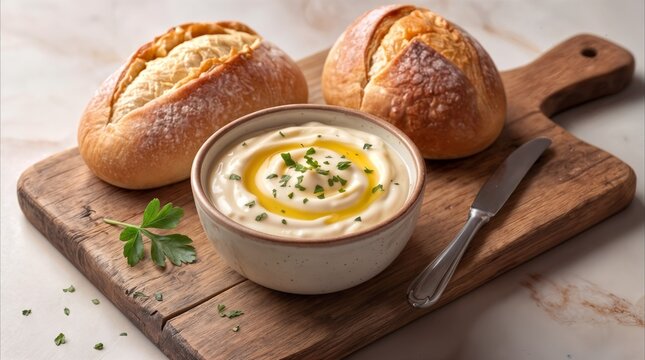 Creamy whipped dip topped with olive oil and fresh herbs served with crusty bread rolls on wooden board. Gourmet appetizer for healthy snacking or party catering.