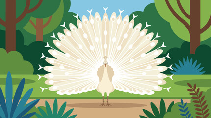 Albino White Peacock Displaying Feathers in Garden © Bima