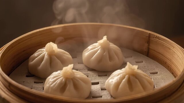 Steaming soup dumpling in bamboo steamer. Asian steam comfort, savory cozy bamboo steamer dumpling