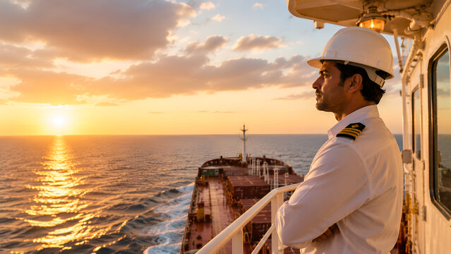 Ship officer standing on vessel bridge wing at sunset symbolizing maritime leadership and Day of the Seafarer