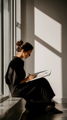 Fototapeta premium Creative professional sketching in a notebook in a minimalist studio, large windows, soft shadows, Generative AI illustrations.
