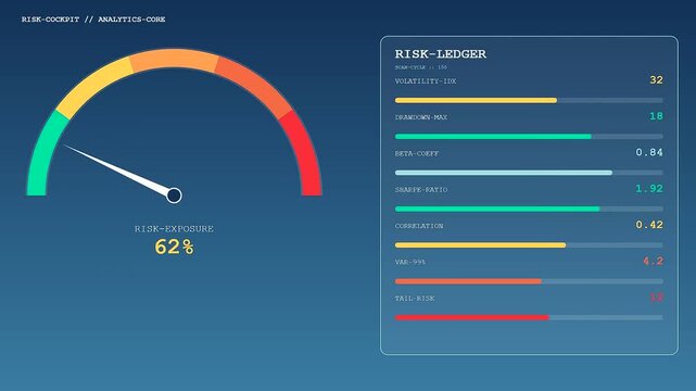 A comprehensive digital wealth management dashboard presents real time financial risk analytics and detailed ledger metrics across various indicators for informed decision making.