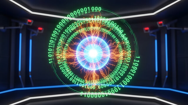 Digital Energy Orb with Binary Code and Electric Rings in Futuristic Room