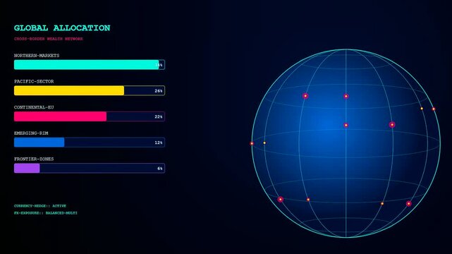 A digital Wealth Management Dashboard display transitions across three screens showing glowing globe networks and financial data analytics in a sophisticated high tech interface for market monitoring