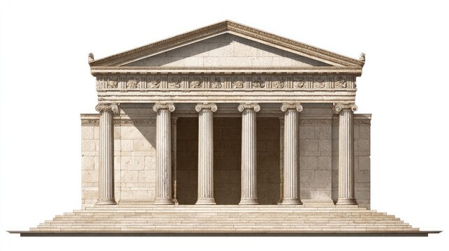 Ancient Greek Temple Facade with Ionic Columns and Pediment.