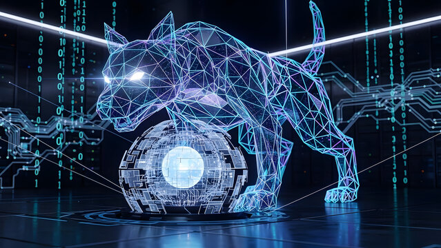 Futuristic Digital Wolf Guardian Protecting a Glowing Core Energy Source in a High Tech Cybernetic Network Environment
