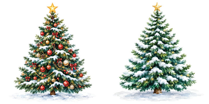 A festive watercolor collection of snowy Christmas trees featuring cheerful holiday pine clipart with glowing star toppers, soft winter snow, and elegant seasonal decorations in a charming festive sty