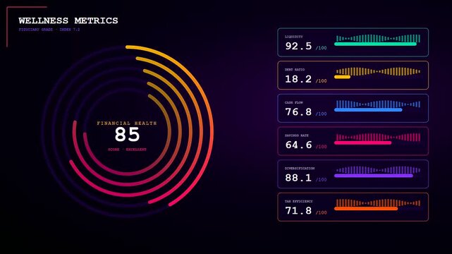 A sleek wealth management dashboard shows core financial health, presenting an overall score and key metric visualizations for essential business analysis.