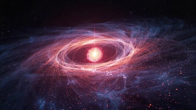 Glowing cosmic vortex with luminous core and swirling particle rings around bright star emitting