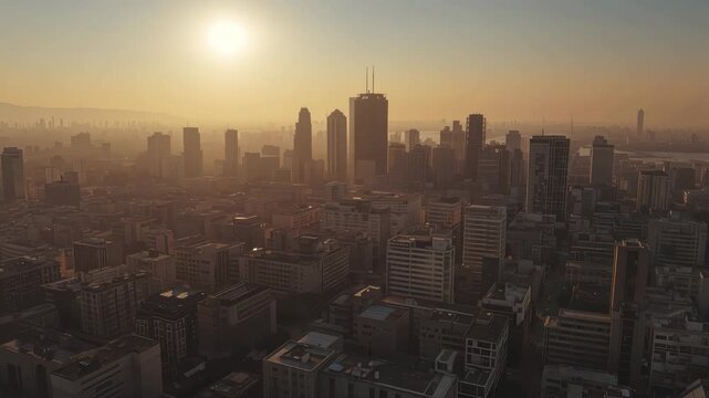 City skyline sunrise haze sun skyscraper glowing highrise urban golden atmospheric skyline sunlit
