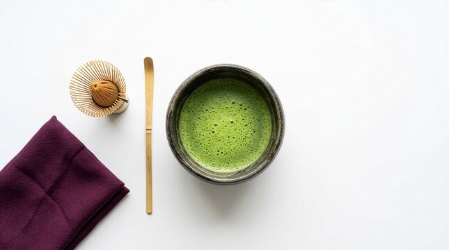 Japanese Matcha Tea Ceremony Chawan Bowl Chasen Whisk on White Background Minimal Flatlay