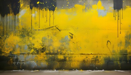Obraz premium weathered concrete wall with bright yellow graffiti paint and spray drips grungy substrate with overlapping street art layers and urban decay for edgy background designs