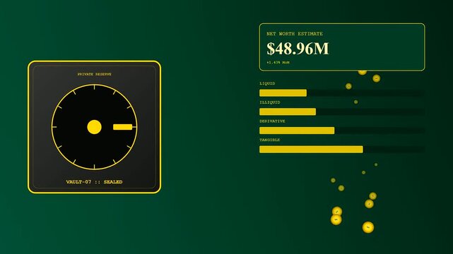 A cutting-edge digital wealth management dashboard precisely tracking real time financial asset allocation, net worth estimates, and dynamic data elements on a secure dark background.